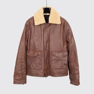 Deus Ex Machina Moto Jacket XL Brown Leather Bomber w/ Removable Sherpa Collar